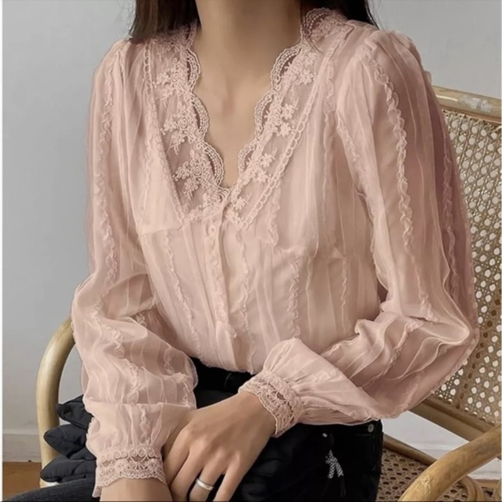Dazy Cottagecore Lace Semi Sheer Babydoll Top Womens Small Feminine Blush Pink